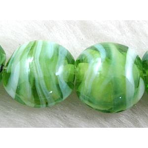 Lampwork glass bead, flat round, green, 16-17mm dia