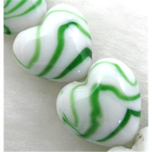 lampwork glass beads, heart, green stripe, white, 15mm dia, 25pcs per st