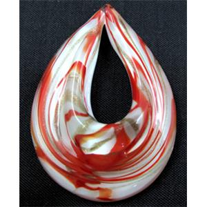 murano style glass lampwork pendant, teardrop, red line, 38x50mm