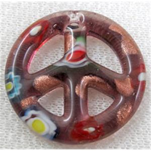 glass lampwork pendant, peace sign, deep-red, 35mm dia