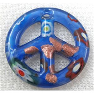 glass lampwork pendant, peace sign, blue, 35mm dia