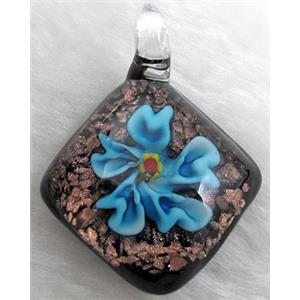 murano style lampwork glass pendant with goldsand, flower, blue, 32x45mm