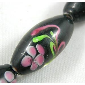 black lampwork glass beads, barrel, flower, 10x19mm, hole:2mm