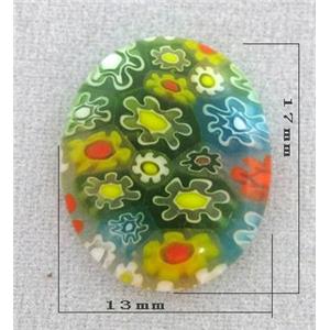 Millefiori Cabochon, glass, multi-flower, oval, flat-back, 13x17mm