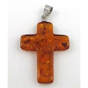 amber pendant, cross, coffee, approx 20x25mm