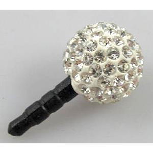 Earphone Jack Dust Cap Plug, fimo with mideast rhinestone, white, 14mm dia, 26mm length