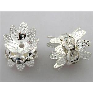 Rondelle Mideast Rhinestone Beads with bead-cap, silver plated, 10mm dia