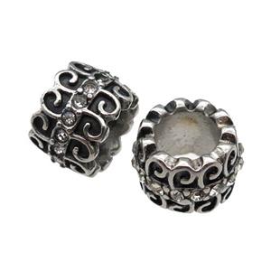 Stainless Steel tube Beads pave rhinestone, large hole, antique silver, approx 11mm, 6mm hole