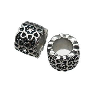 Stainless Steel tube Beads pave rhinestone, large hole, antique silver, approx 11mm, 6mm hole