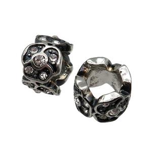 Stainless Steel tube Beads pave rhinestone, large hole, antique silver, approx 11mm, 6mm hole