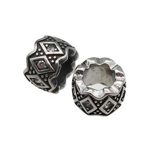 Stainless Steel tube Beads pave rhinestone, large hole, antique silver, approx 11mm, 6mm hole