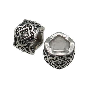 Stainless Steel tube Beads pave rhinestone, large hole, antique silver, approx 11mm, 6mm hole