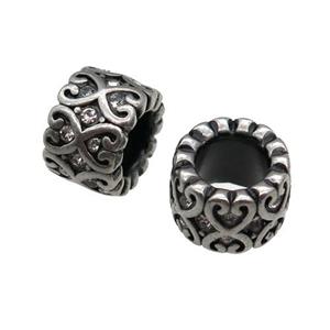 Stainless Steel tube Beads pave rhinestone, large hole, antique silver, approx 11mm, 6mm hole