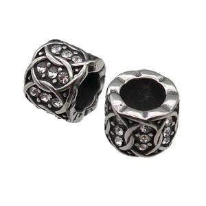 Stainless Steel tube Beads pave rhinestone, large hole, antique silver, approx 11mm, 6mm hole