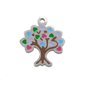 Raw Stainless Steel Tree Pendant Multicolor Enamel, approx 14-15mm