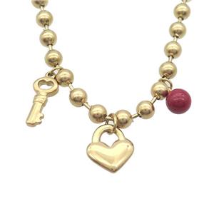 Stainless Steel Necklace Key Lock Gold Plated, approx 14mm, 8-16mm, 6mm, 45cm length