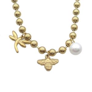 Stainless Steel Necklace Dragonfly Honeybee Gold Plated, approx 10-16mm, 14-18mm, 6mm, 45cm length