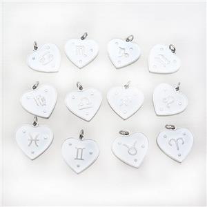 Raw Stainless Steel Heart Pendant White Enamel Zodiac Mixed, approx 15mm