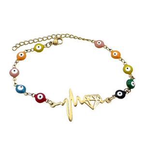 Stainless Steel Bracelets Evil Eye Multicolor Diamond Gold Plated, approx 20-35mm, 6mm, 16-22cm length