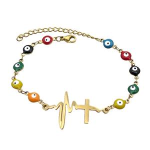 Stainless Steel Bracelets Evil Eye Multicolor Cross Gold Plated, approx 20-35mm, 6mm, 16-22cm length