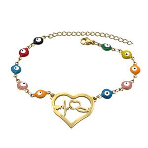 Stainless Steel Bracelets Evil Eye Multicolor Heart Gold Plated, approx 20-25mm, 6mm, 16-22cm length