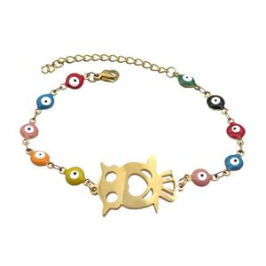 Stainless Steel Bracelets Evil Eye Multicolor Owl Gold Plated, approx 18-30mm, 6mm, 16-22cm length