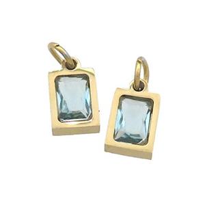 Stainless Steel Pendant Pave Aqua Zircon Rectangle Gold Plated, approx 4x6mm