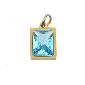 Stainless Steel Rectangle Pendant Pave Aqua Zircon Gold Plated, approx 6x8mm