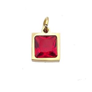 Stainless Steel Square Pendant Pave Red Zircon Gold Plated, approx 6x6mm