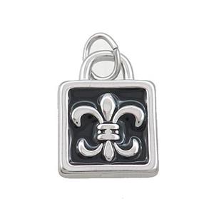 Raw Stainless Steel Fleur-De-Lis Charms Pendant Lock Black Enamel, approx 14mm