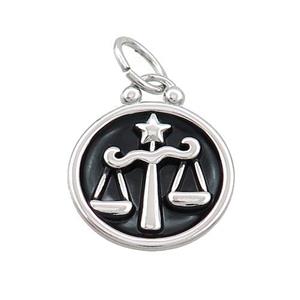 Raw Stainless Steel Libra Zodiac Charms Pendant Circle Black Enamel, approx 17mm dia