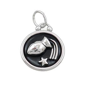 Raw Stainless Steel Aquarius Zodiac Charms Pendant Circle Black Enamel, approx 17mm dia