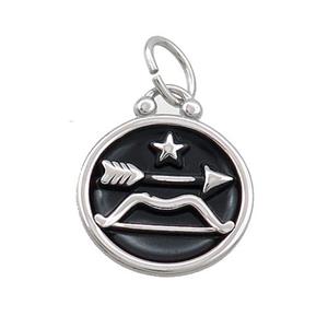 Raw Stainless Steel Sagittarius Zodiac Charms Pendant Circle Black Enamel, approx 17mm dia