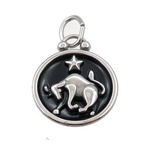 Raw Stainless Steel Taurus Zodiac Charms Pendant Circle Black Enamel, approx 17mm dia