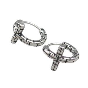 Stainless Steel Hoop Earrings Cross Antique Silver, approx 12mm, 15mm dia