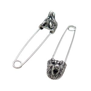 Stainless Steel Safety Pins Lion Antique Silver, approx 9-13mm, 40mm