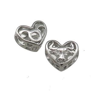 Raw Titanium Steel Heart Beads Zodiac Taurus Large Hole Hollow, approx 12mm, 4mm hole