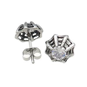 Stainless Steel Stud Earring Pave Rhinestone Cobweb Antique Silver, approx 10mm