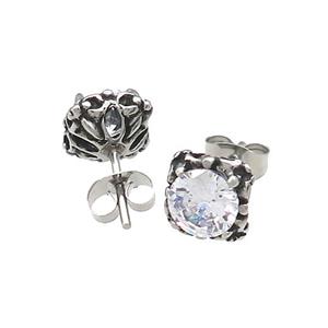 Stainless Steel Stud Earring Pave Rhinestone Antique Silver, approx 9mm