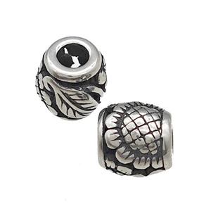 Titanium Steel Barrel Beads Large Hole Sunflower Hollow Antique Silver, approx 9-10mm, 4mm hole