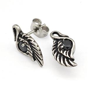 Stainless Steel Wings Stud Earrings Pave Rhinestone Antique Silver, approx 8-15mm