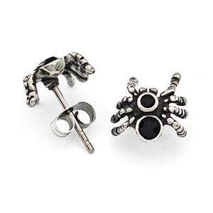 Stainless Steel Spider Stud Earrings Pave Rhinestone Antique Silver, approx 11mm