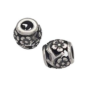 316 Stainless Steel Barrel Beads Flower Hollow Large Hole Antique silver, approx 9-10mm, 4mm hole