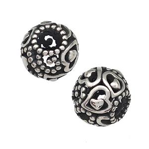 Stainless Steel Round Beads Hollow Large Hole Antique Silver, approx 9-10mm, 4mm hole