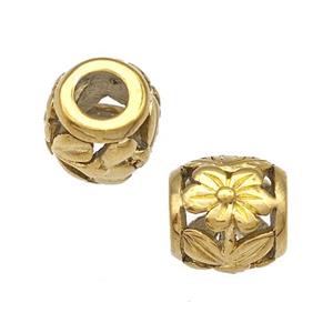 Stainless Steel Barrel Beads Flower Hollow Large Hole Gold Plated, approx 9-10mm, 4mm hole