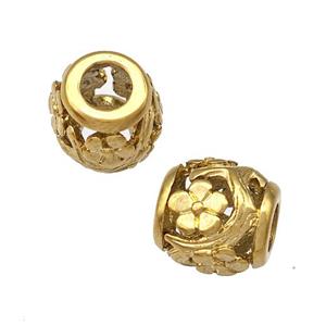 Stainless Steel Barrel Beads Flower Hollow Large Hole Gold Plated, approx 9-10mm, 4mm hole