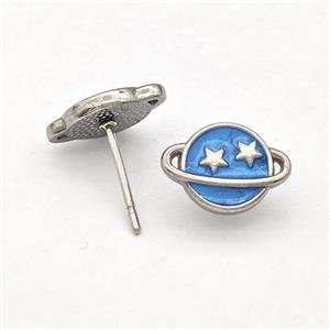 Raw Stainless Steel Planet Stud Earring Blue Enamel, approx 8-11.5mm