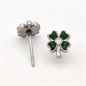 Raw Stainless Steel Clover Stud Earring Black Enamel, approx 7-8mm