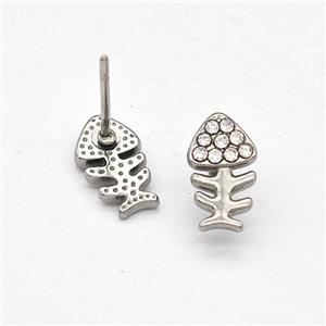 Raw Stainless Steel Fishbone Stud Earrings Pave Rhinestone, approx 6-10mm