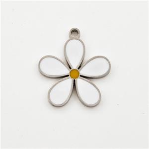 Raw Stainless Steel Flower Pendant White Enamel, approx 14mm